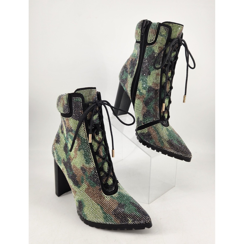 New Steve Madden Illisa Ankle Boots Womens 8 Green Camo Rhinestone Block Heel